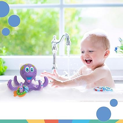Nuby Floating Octopus Toy with 3 Hoopla Rings - Baby Bath Toy for Boys and Girls - 18+ Months