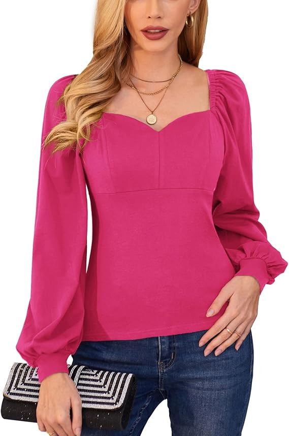GRACE KARIN Women's Lantern Long Sleeve Blouse Retro Slim Fit Sweetheart Neckline Shirt Tops Vintage