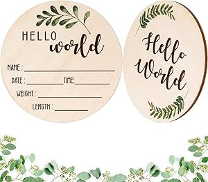 Baby Announcement Sign for Newborn - Beautiful Double-Sided Hello World Name Sign for Hospital Birth Announcement, The Perfect Round Wooden Welcome Baby Board for New Boy and Girl Gifts