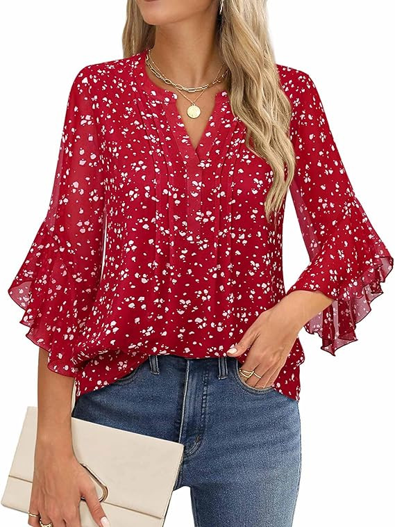 Timeson Women's 3/4 Sleeve Tops Dressy Casual Business Work Blouses Chiffon Office Shirts