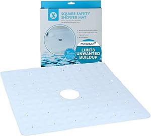 SlipX Solutions Microban-Infused Rubber Shower Mat, 21" x 21" | Anti-Slip Square Bath Mat w/ 140 Power Grip Suction Cups | White
