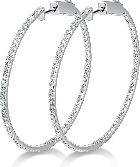 Moissanite Hoop Earrings for Women S925 Sterling Silver D Color VVS1 Round Cut Lab Created Moissanite Earrings Inside Out Round Loops Earrings Hypoallergenic Large Huggie Hoop Earrings