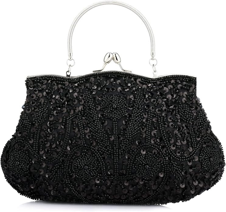 Women Beaded Sequin Design Flowers Evening Wedding Clutch Handbag Purse Vintage Beaded Embroidery Crossbody Evening Bag