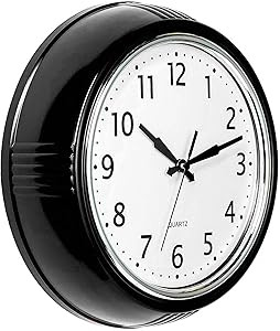 Bernhard Products Black Wall Clock Retro Silent Non Ticking 12 Inch Round Battery Operated Quality Quartz Easy to Read for Home Kitchen Office Classroom School Clocks Sweep Movement Vintage Décor