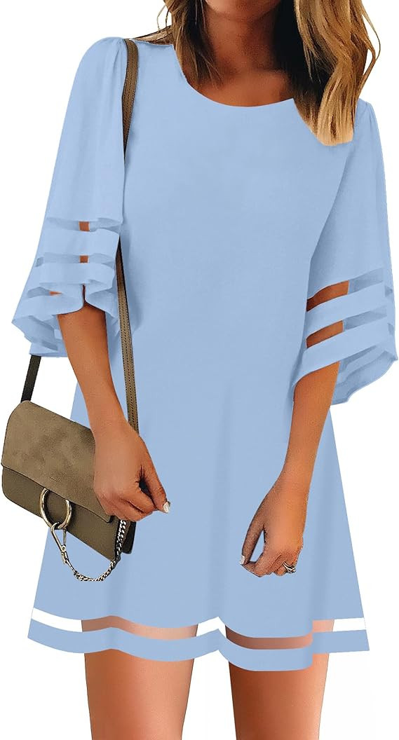 LookbookStore Women Casual Crewneck Mesh Panel 3/4 Bell Sleeve Loose Tunic Dress