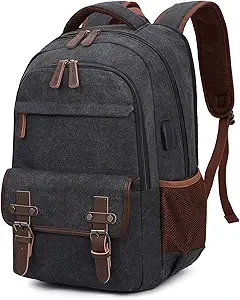 Canvas Laptop Backpack for Men Women,Travel Work Rucksack Fits 15.6 Inch Laptop, Bookbag with USB Charging Port