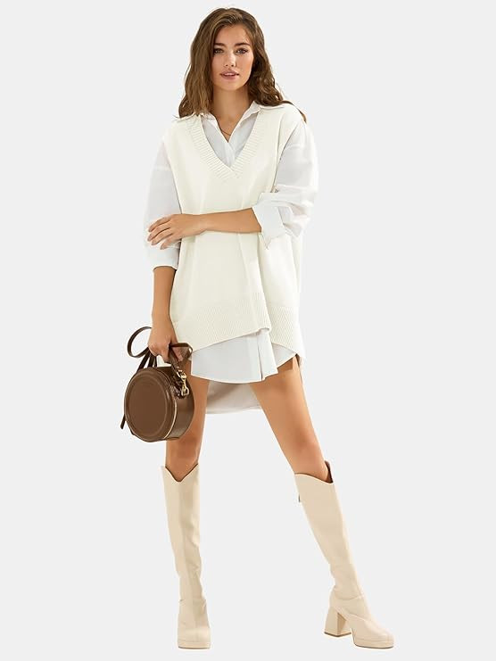 EXLURA Womens Oversized Sweater Vest Knit V Neck Tunic Casual Sleeveless Long Pullover Tank Tops Winter Spring Trendy 2025