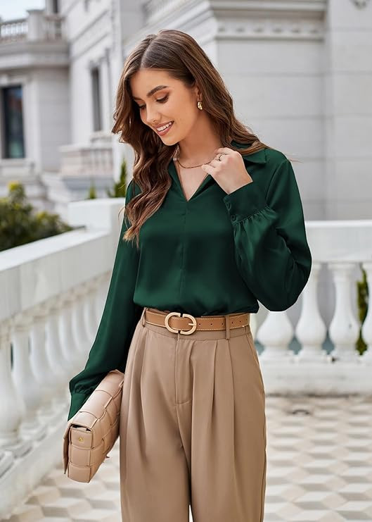GRACE KARIN Women's Satin Silk Blouse Lapel V Neck Long Sleeve Casual Work Blouse Shirts Pullover Tops