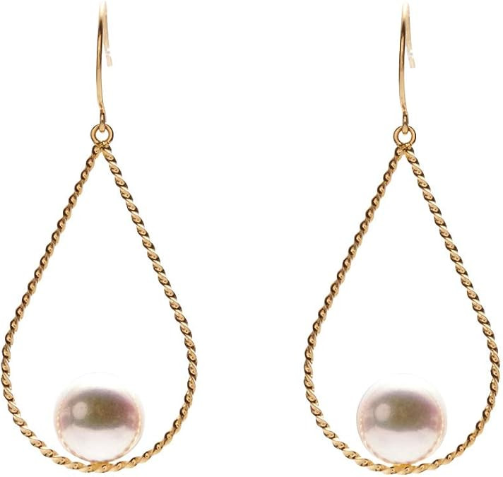 Japanese 6.5mm Akoya Cultured Pearl Dangle Earrings for Women with 18K Yellow Gold | Stylish Design Excellent Gift | Pearl Earrings