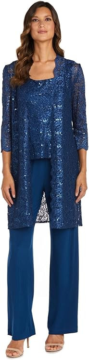 R&M Richards Womens Plus Sequined Lace Pant Suit