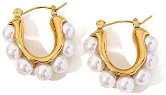 14K Gold Pearl Hoop Earrings, Netrual Freshwater Pearl Dangle Earrings, Women's Day, Birthday Gift for Wife,Girlfriend