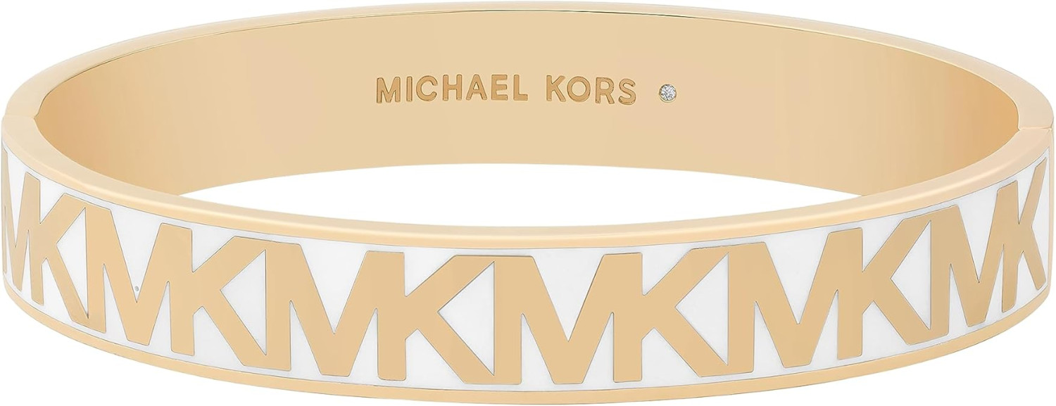 Michael Kors Brass and Enamel MK Logo Bangle Bracelet for Women, Color: Gold/White (Model: MKJ8241710)