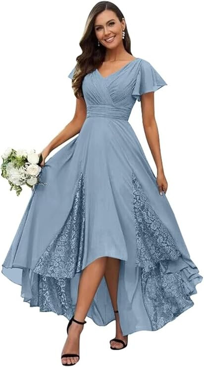 Tea Length Mother of The Bride Dress Short Sleeve Chiffon Bridesmaid Dress V Neck Lace Applique Formal Gown LL-M002