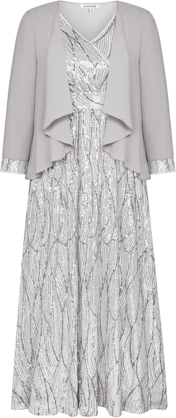 GRACE KARIN 2024 Women's Two Piece Sequin Dress with Jacket Mother of The Bride Dresses Homecoming Wedding Guest Dresses