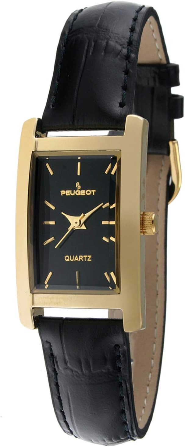 Peugeot Women's Classic 14Kt Gold Plated Watch, Rectangular Tank Shape Case with Leather Band and Easy to Read Dial