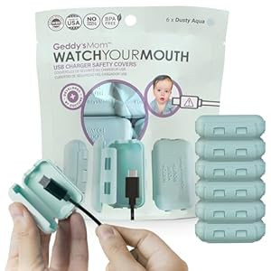 Geddy's Mom - Watch Your Mouth - The Award Winning USB Charger Child Safety Cover - Made in The USA - Baby Proofing Toddler Shock Prevention - 6 Pack (Dusty Aqua)