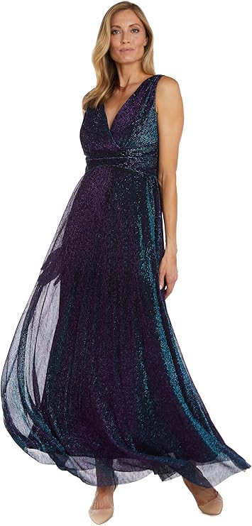 R&M Richards Long Sleeveless Sculpt Waist Iridescent Mesh Dress W/V-Neckline