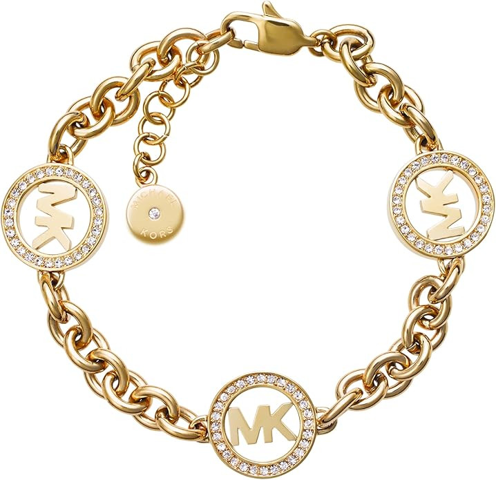 Michael Kors Stainless Steel and Pavé Crystal MK Logo Chain Bracelet for Women, Color: Gold (Model: MKJ4729710)