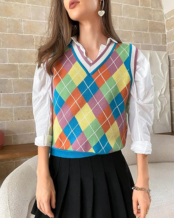 Fashionme Trendy Argyle Knitted Sweater Vest Soft Comfy Houndstooth Sleeveless Fall Spring