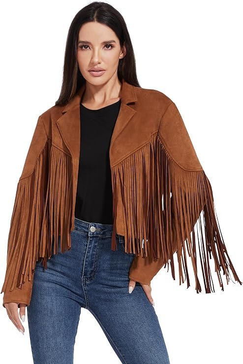 Fahsyee Women's Fringe Leather Jackets - Suede Faux Motocycle Biker Cropped Coat Vegan Blazer Pleather Fashion Tassel S-XXL