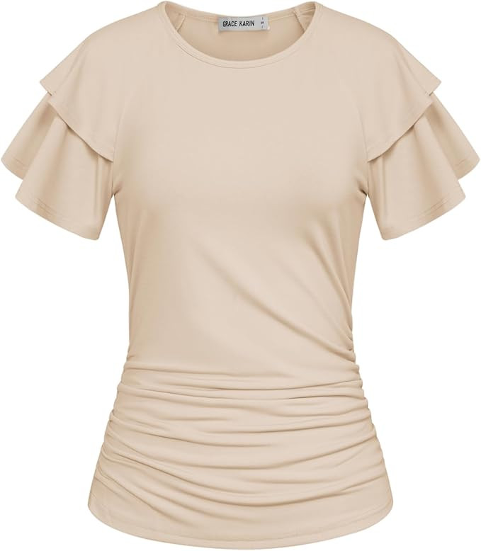 GRACE KARIN Women's Summer Tops Ruffle Sleeve Basic T Shirts Dressy Casual Ruched Work Blouses Trendy Clothes 2025