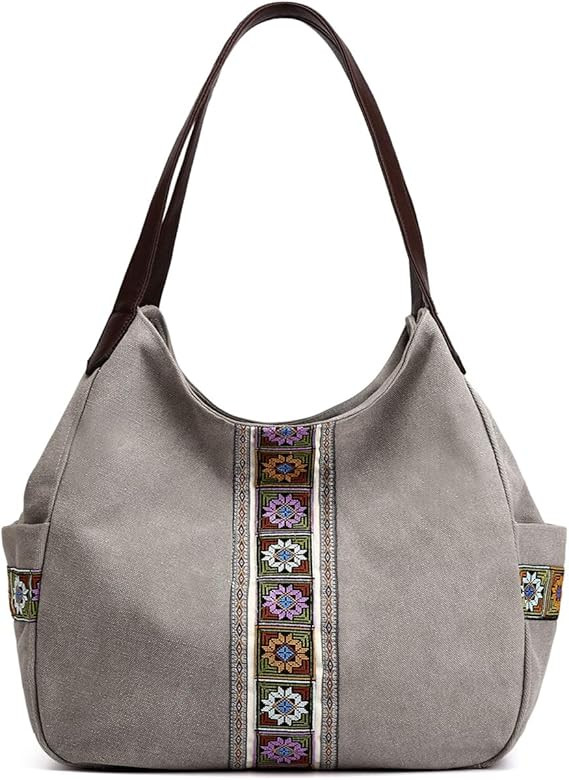 Worldlyda Women Canvas Hobo Purse Multi Pocket Tote Shopper Shoulder Bag Casual Top Handle handbag with Embroidery Ethnic