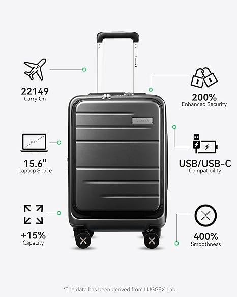 LUGGEX Carry On Luggage 22x14x9 Airline Approved, Polycarbonate Hard Suitcase with Front Pocket (Charcoal Metallic, 20 Inch, 30.9L)