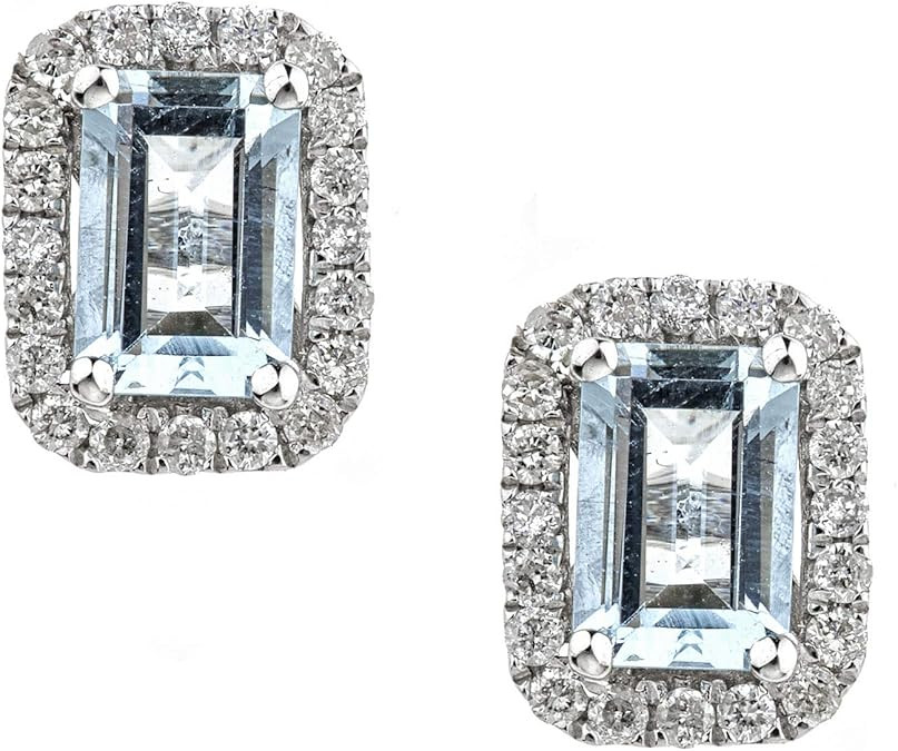Gin & Grace 14k White Gold Genuine Aquamarine Diamond (SI1) Stud Earring for Women