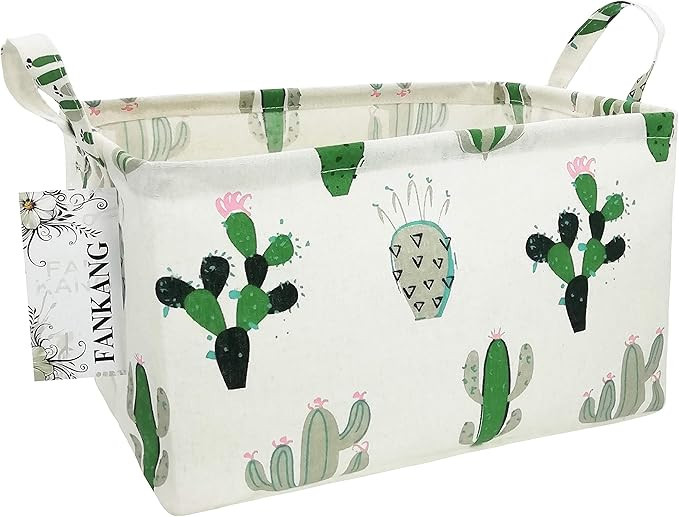FANKANG Storage Basket,Nursery Hamper Canvas Laundry Basket Foldable with Waterproof PE Coating Storage, Office, Bedroom, Clothes,Toys (L, Rec-Cactus)
