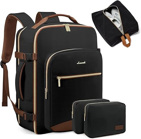 LOVEVOOK 40L Large Travel Backpack for Women Men, 17 Inch Carry on Backpack for Traveling on Airplane, Personal Item Bag Airline Approved, Business Causal Weekender Backpack, Black-Brown
