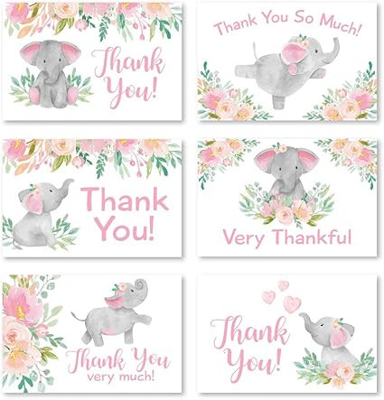 Hadley Designs 24 Pink Floral Elephant Baby Shower Thank You Cards With Envelopes, Kids Thank You Note, Vintage Animal 4x6 Varied Gratitude Card Pack For Party