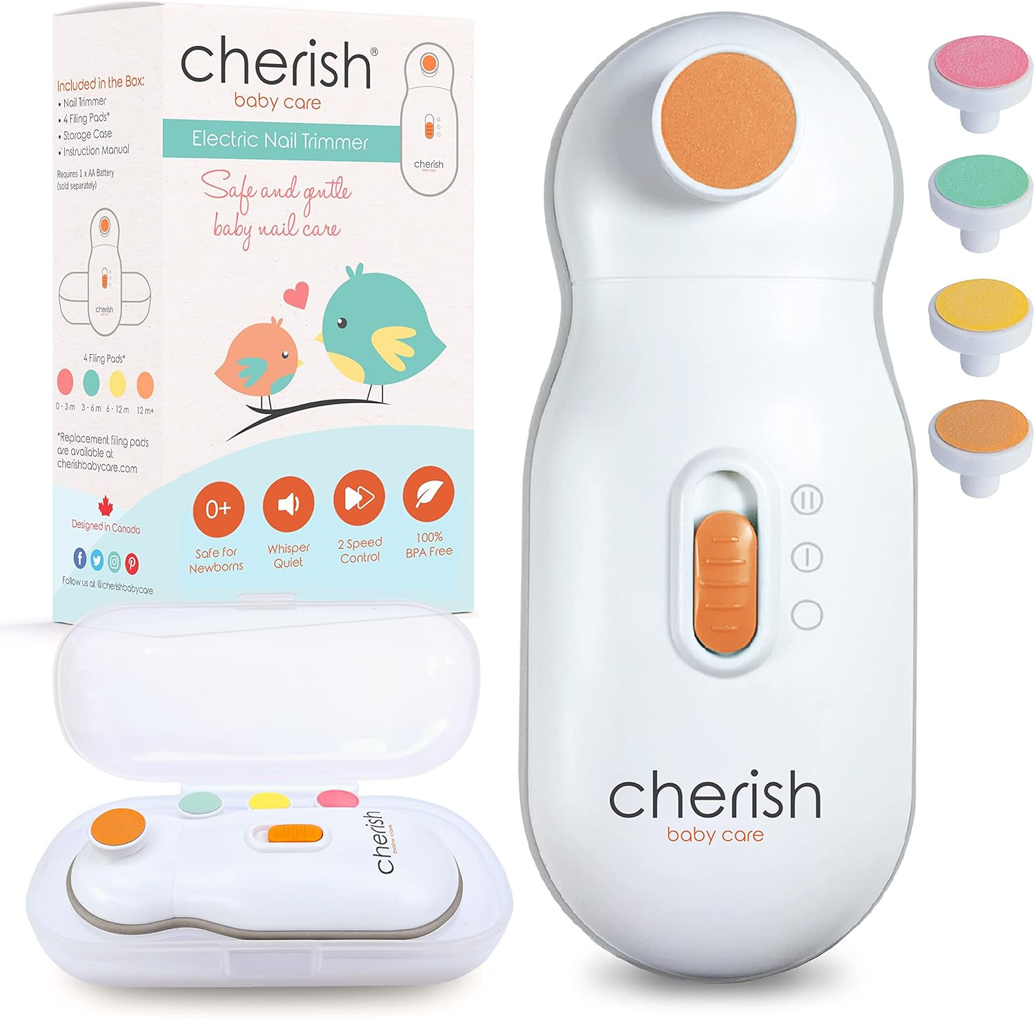 Cherish Baby Care Baby Nail Trimmer Electric - Automatic Safety Stop, BPA-Free & Safety-Tested Electric Nail File Baby, Includes 4 File Pads, 0-12+ Months
