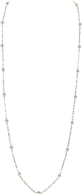 Japanese 5.0mm Akoya Cultured Pearl Stationary Long Chain Pendant Necklace for Women with 18K Yellow Gold | Stylish Design Excellent Gift | Pearl Necklace