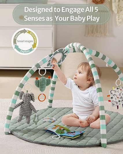 Blissful Diary Baby Play Gym Mat, Tummy Time Mat with 6 Detachable Toys