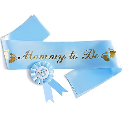 Baby Shower Sash for Mommy - Set of 2 Blue Satin Mommy to Be Sash with Dad to Be Pin, Elegant Glossy Texture with Gold Glitz Letters, Easy to Wear - Lightweight and Durable Baby Shower Decorations Boy
