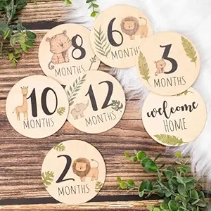 Baby Monthly Milestone Cards Sign - 7 Double Sided Animals Marker Wooden Circles Discs Newborn Photography Prop, Pregnancy Journey Birth Announcement Sign Baby Boy and Girl Gift Sets