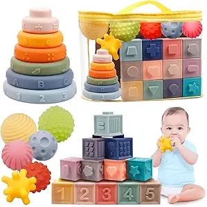 Montessori Toys for Babies 6-12 Months, Soft Baby Blocks Toys Set, 3 in 1 Infant Stacking Building Blocks, Teething Toys Sensory Balls Educational Learning Toys