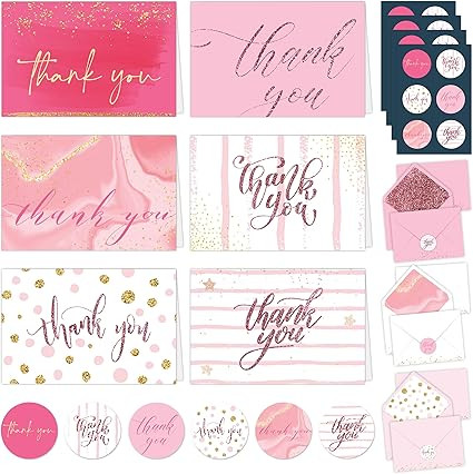 Decorably 24 Pack Glittery 6x4in Pink Thank You Cards with Envelopes and Stickers, 6 Elegant Designs Pink Thank You Notes, Blank Inside - Wedding, Baby Shower, Birthday