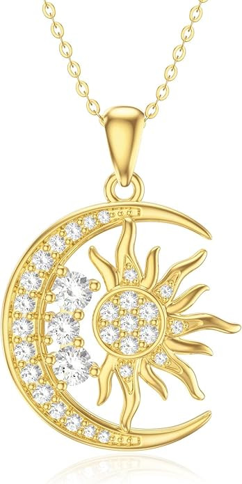 14K Gold Moon and Sun Necklace for Women Gold Crescent Moon Pendant with Cubic Zirconia 3-Stone Moon Jewelry Birthday Christmas Gifts for Her Mom Wife Grandma, 16''-18''