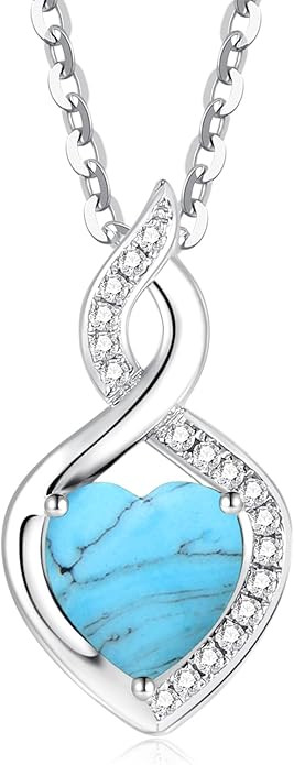 FANCIME Christmas Gifts Turquoise Necklace 14K Solid White Gold Heart Pendant with Diamond December Birthstone Necklace Jewelry Gifts for Mom Women