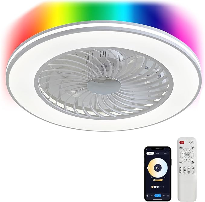 Low Profile Ceiling Fans with Lights, 24" Caged Modern Flush Mount Ceiling Fan with LED Light, Housing Finish White, RGB Back Light