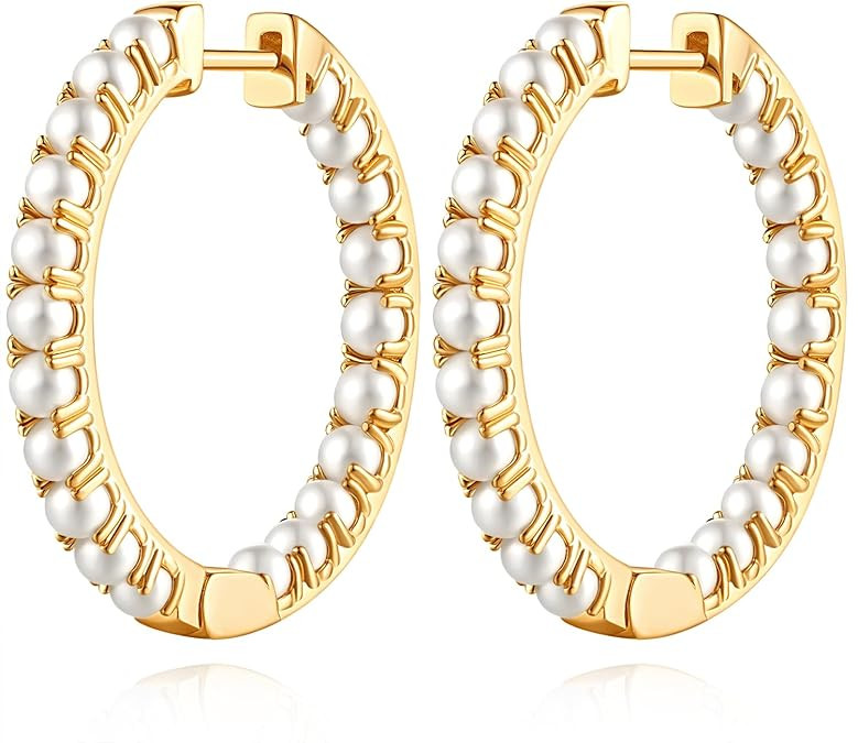 Pearl Earrings for Women Gold Pearl Earrings Hoop Earring for Women 14K Gold Hoop Earring Huggie Hoops 20/30mm