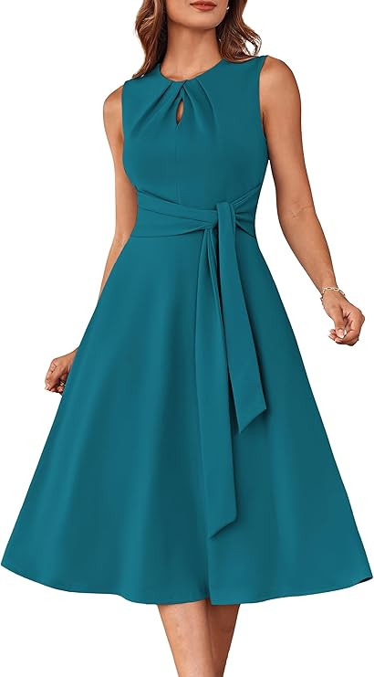 GRACE KARIN Women 2025 Summer Work Dress Sleeveless Tie Waist Elegant Party Cocktail A Line Flowy Midi Dresses with Pockets