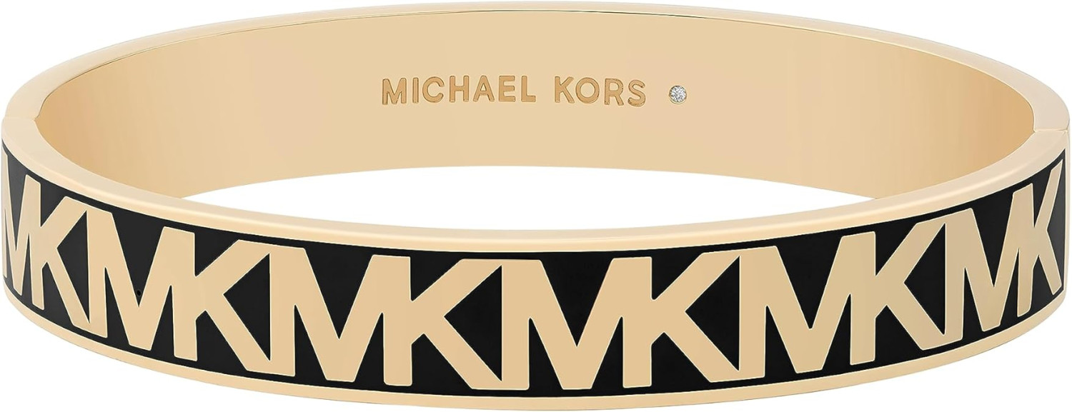 Michael Kors Brass and Enamel MK Logo Bangle Bracelet for Women, Color: Gold/Black (Model: MKJ8110710)