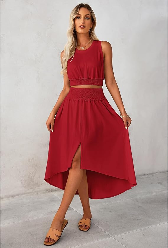 luvamia Two Piece Skirt Sets for Women Smocked Crop Top High Waisted High Low Split Maxi Skirt Co Ord Matching Dress Set