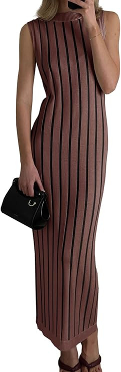 Wenrine Womens Sleeveless Sweater Dress Mock Neck Ribbed Knit Fall Tank Maxi Dresses
